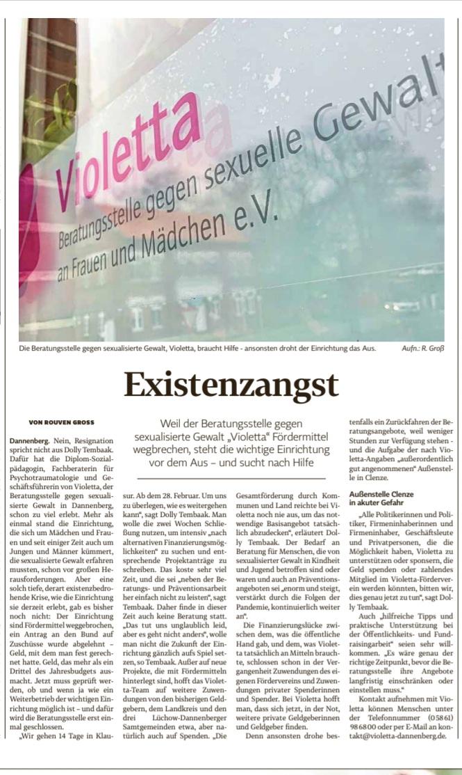 Auch die Elbe-Jeetzel-Zeitung berichtete über unsere akuten finanziellen Probleme.